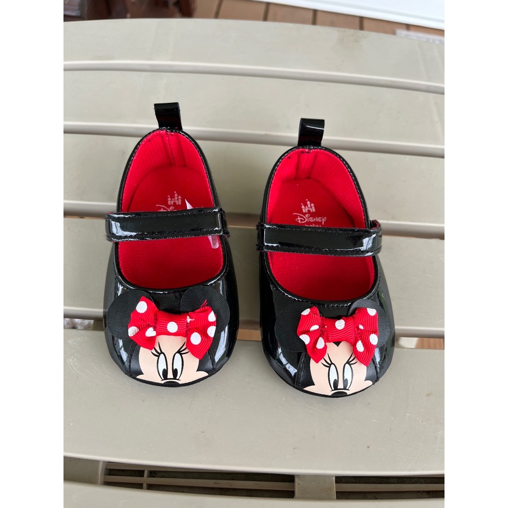 Disney Baby Minnie Mouse Mary Jane Black Patent Crib Shoes Red Polka Dot 6-12M